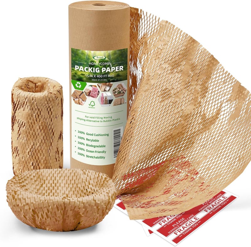 Besitek Honeycomb Packing Paper Wrap 15"x400' Sustainable Alternative to Bubble Cushioning Wrap Packing paper for Moving/shipping/packing Roll with 20 Fragile Sticker Biodegradable & Fully Recylable - Image 1